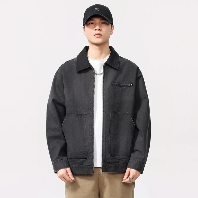 

Men Streetwear Vintage Washed Cotton Edge Damage Fashion Loose Casual Plus Size Cargo Jacket Cityboy Spring Autumn Coat