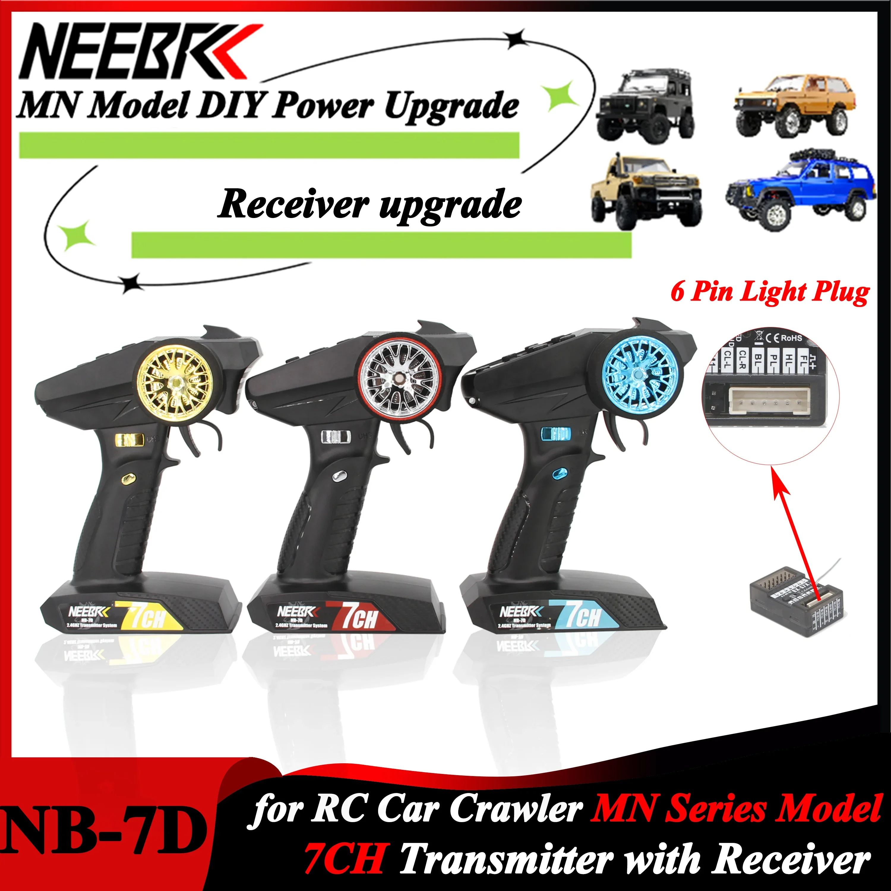 

NB-7D 7CH 2.4Ghz Radio System Transmitter with 6 Pin Light Plug Receiver 7 Channel Remote Control for RC Car MN Series Model Toy