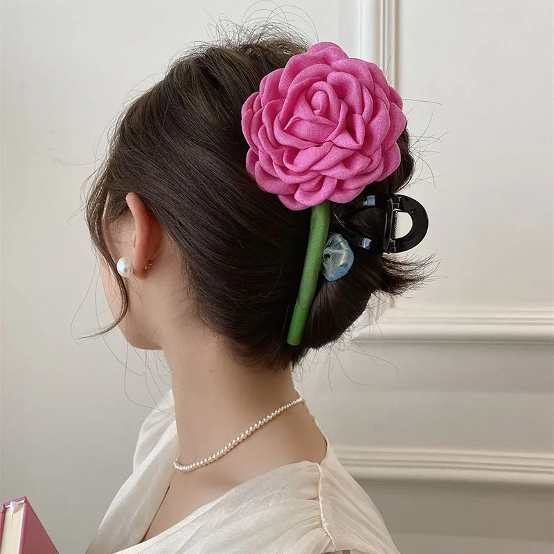 Vintage Elegance Rose Hair Claw Leaves Flower Gripped Clip Shark Ponytail Hairpin Headwear Women Sweet Hair Accessories Gifts