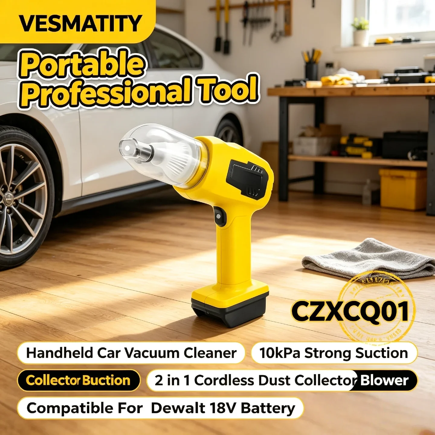 VESMATITY CZXCQ01 Handheld Car Vacuum Cleaner 10kPa Strong Suction 2 in 1 Cordless Dust Collector Blower for 18V Battery