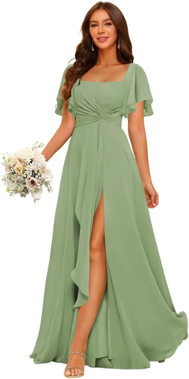 فستان وصيفة العروس شيفون نسائي مع جيوب 2025 بأكمام قصيرة مطوي ألين فساتين سهرة رسمية مع شق