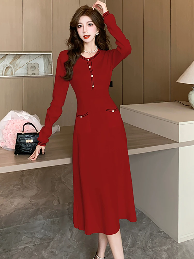 Red Knitted Chic Diamonds Elegant Ruffled Long Dress for Ladies Autumn Winter Thick Warm Sweater Dress 2024 Elegant Party Dress