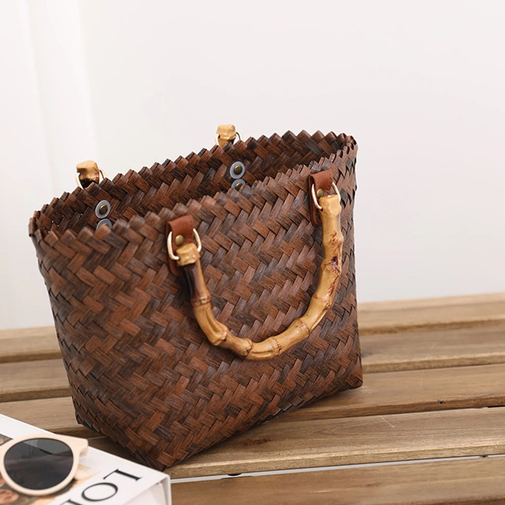 Moda Tecido Beach Basket Bag Bolsas Femininas Boho Bambu Handle Straw Bags para As Mulheres 2023 Rattan Bag Feminino Tote Purse Clutch