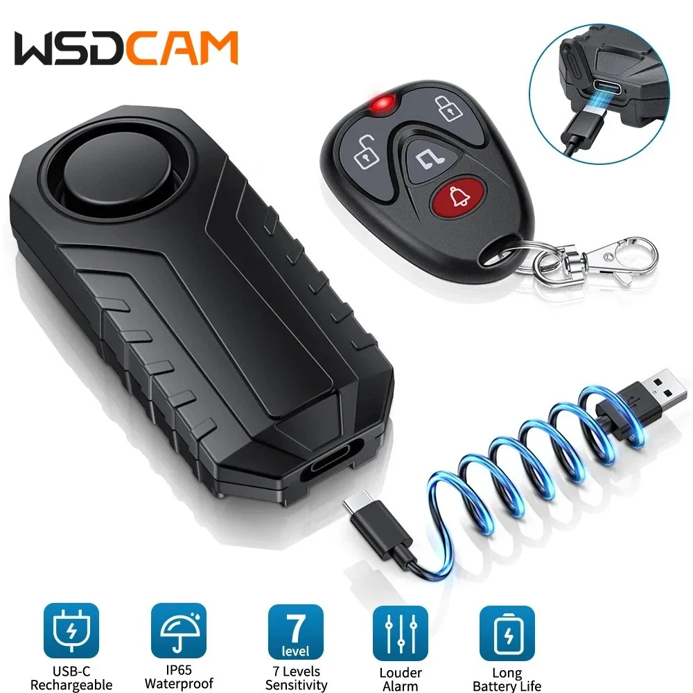 Wsdcam Vibration Bicycle Alarm USB Charge Anti-Theft Motorcycle Bike Alarm 113 dB Waterproof Alarm with Remote