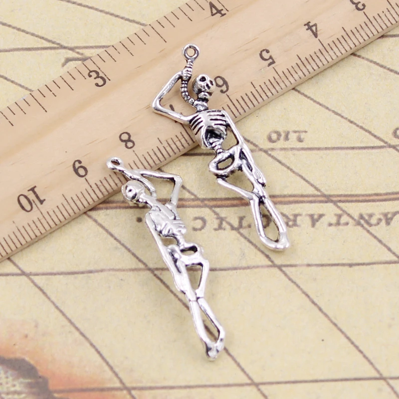 10pcs Charms Skeleton Man Halloween 42x8mm Tibetan Silver Color Pendants Antique Jewelry Making DIY Handmade Craft