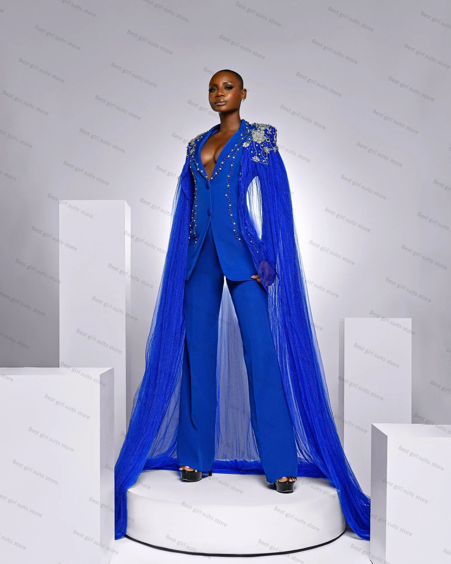 Crystals Blue Cape Women Suits Pants Set 2 Piece Office Lady Wrap Jacket Prom Dress Wedding Tuxedo Custom Made Jacket Outfit