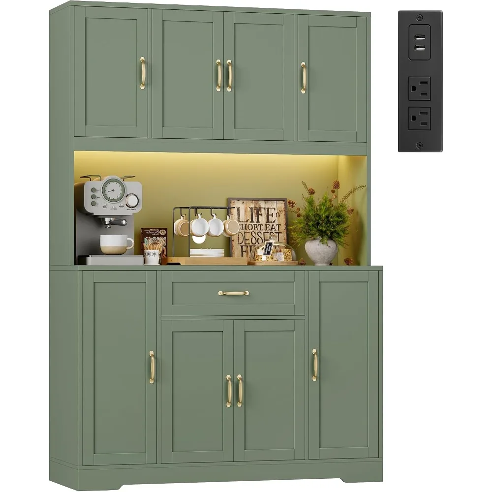 70 H LED Kitchen Pantry Cabinet Hutch with Charging Station Green