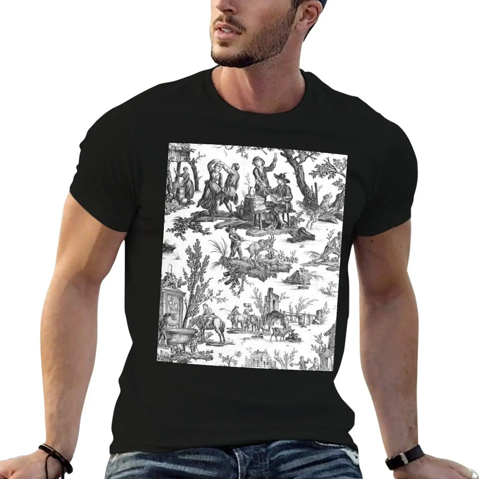 

Black and White Toile de Jouy T-Shirt man t shirt heavy cotton man graphic t shirt T-Shirt