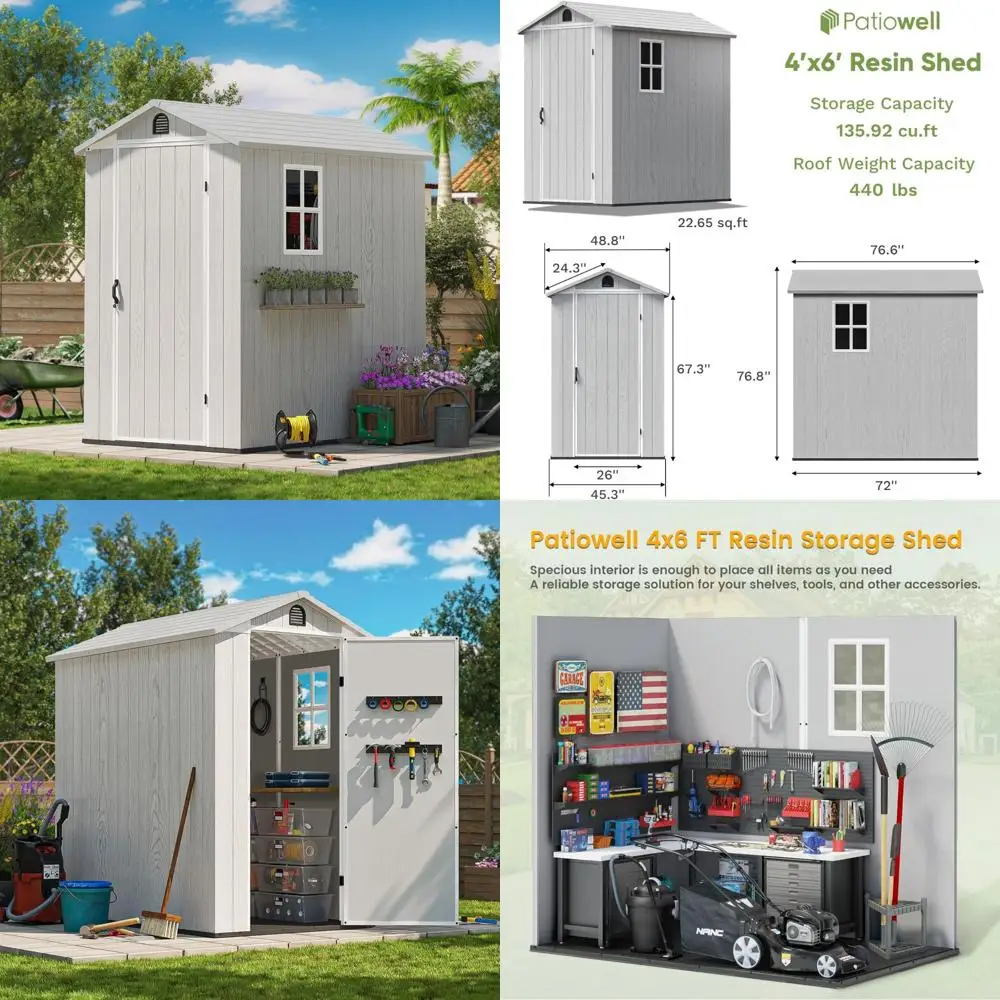 

Пластиковый навес для хранения на открытом воздухе 4x6 футов с полкой, окном и запирающейся дверью для заднего двора