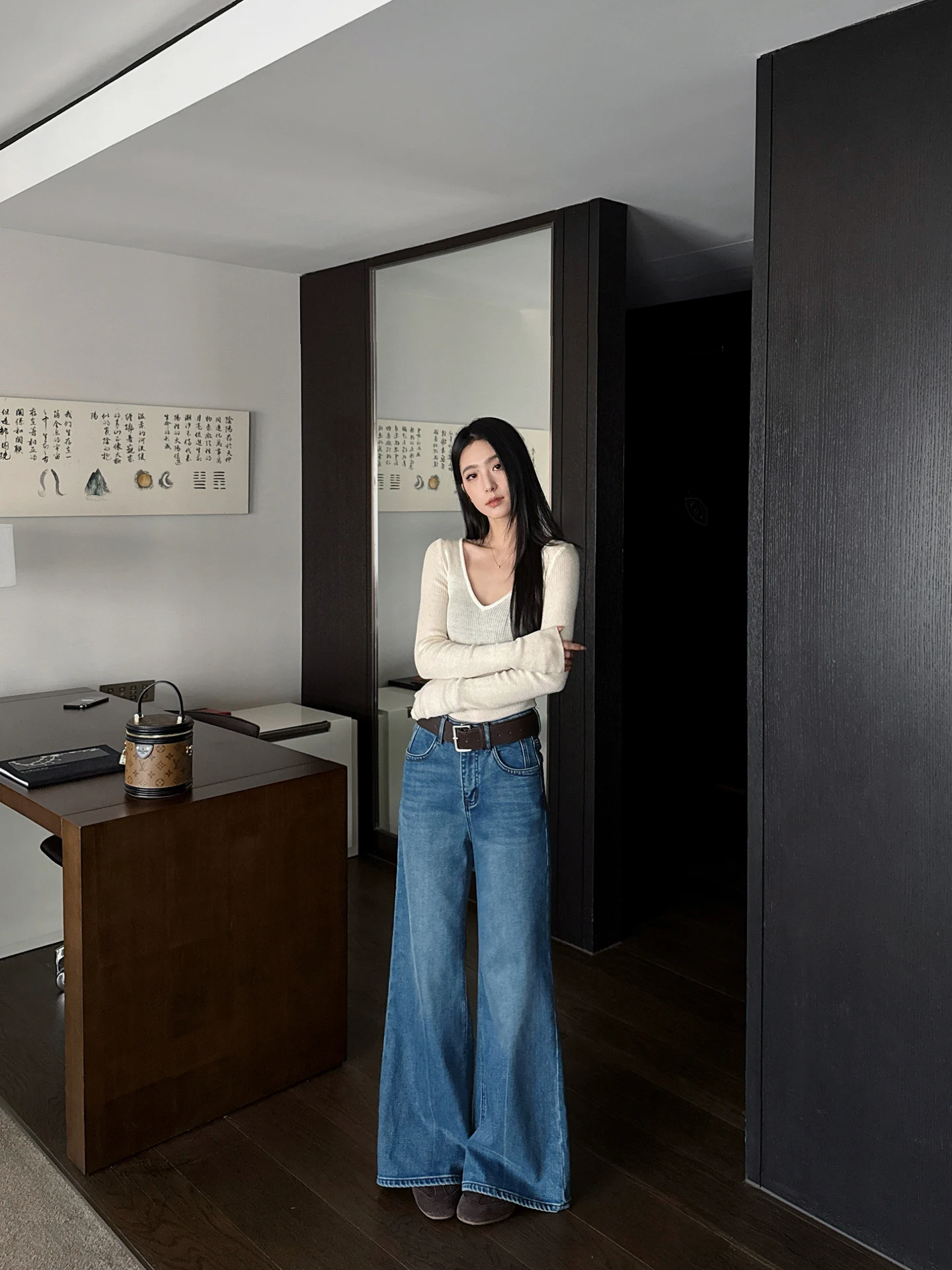 

SMBL RAIN Light Blue Vintage Hong Kong Sle Slim Fit Casual Waed Denim Pants Women's Long Trousers Cotton Polyester Spandex