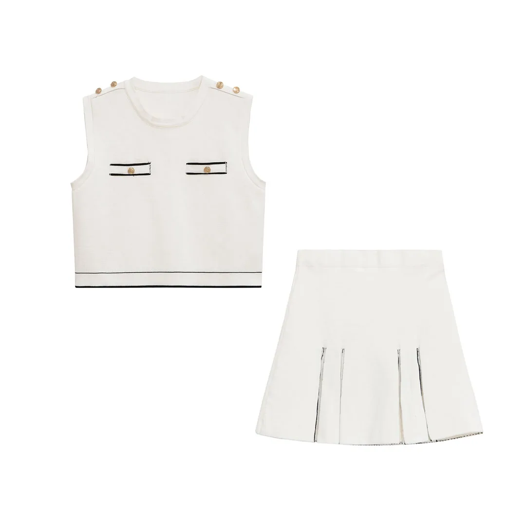 

Topenomi Women Matching Sets 2025 Summer Elegant Sleevless Knitted Crop Top Pleated A-line Mini Skirt Retro Fashion Skirts Suits