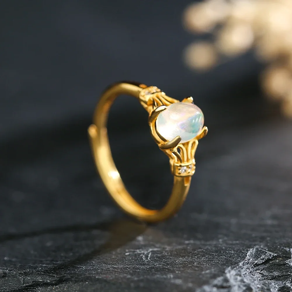 

Silver S925 Women's Ring 7*5mm Natural Opal Adjustable Open Bands for Daily Wear Floral Handmade Birthstone Bohemian Jewelry