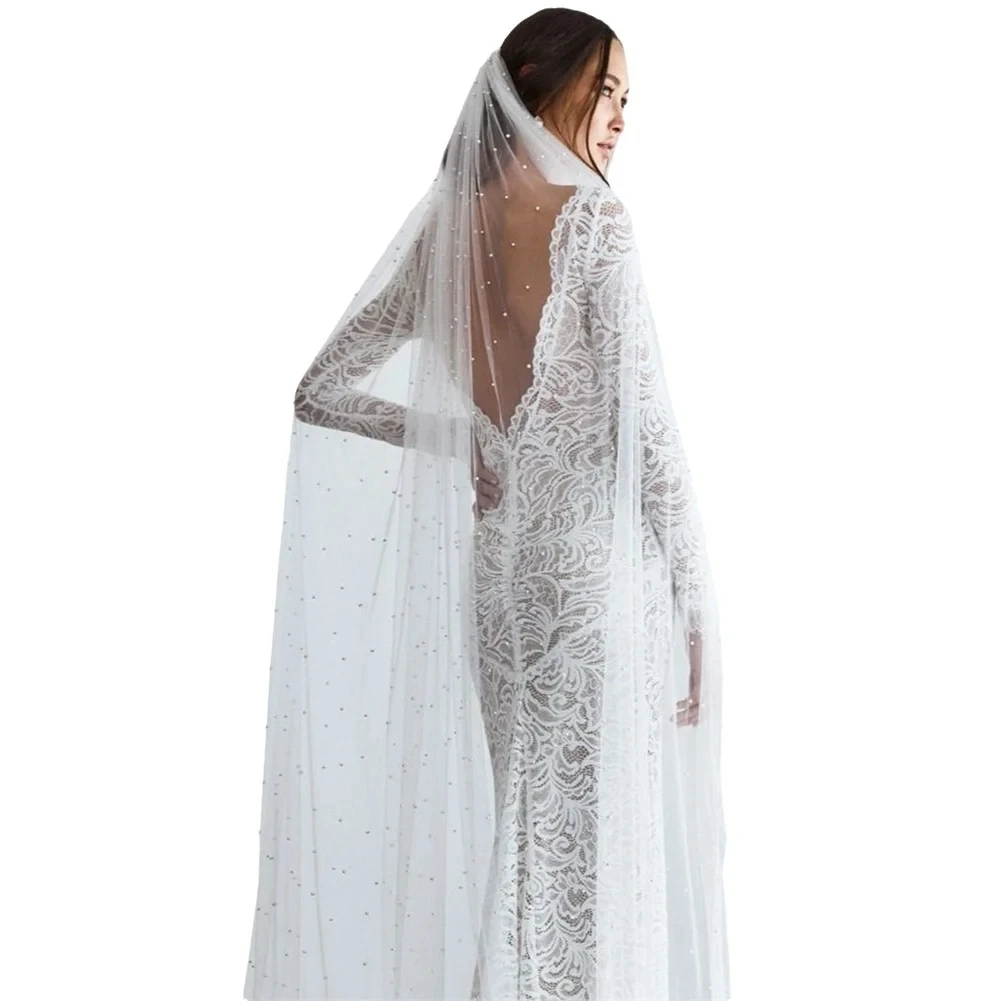 3 Meters Long Pearl Beaded Bridal Veil One Layer Long Wedding Marriage Accessories for Women