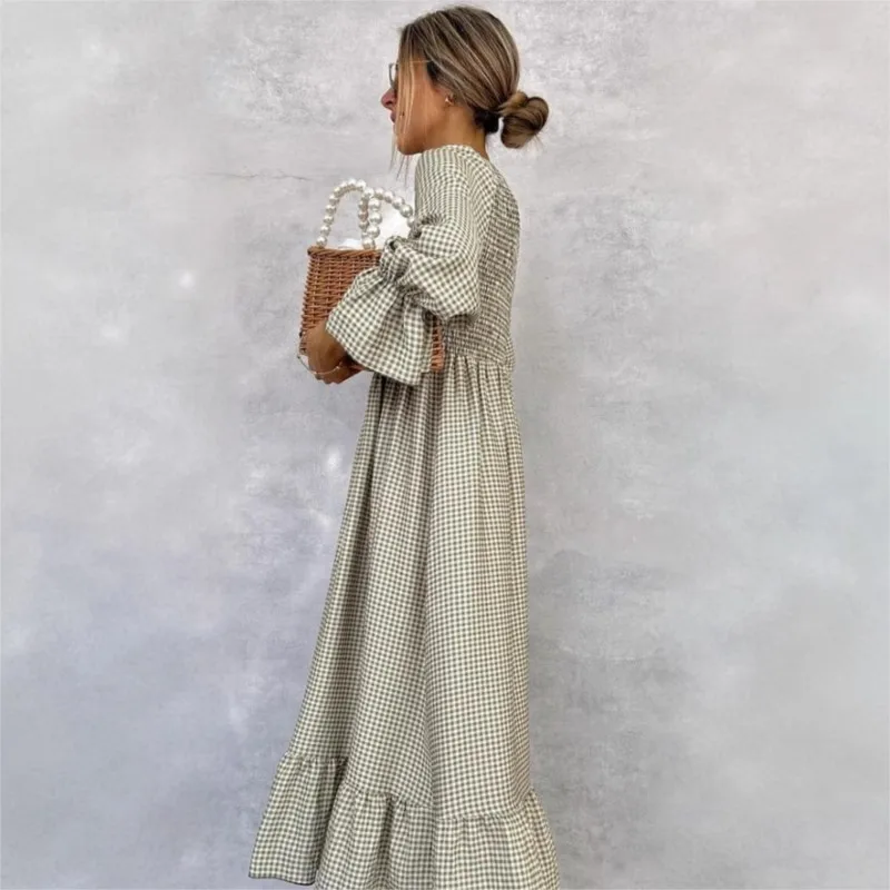 

Женское летнее длинное платье 2026 с круглым вырезом, длинными рукавами, кружевными пышными рукавами и клетчатым принтом, в пасторальном стиле, для повседневной носки