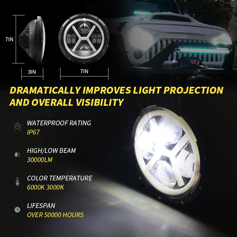 500W 7 Inch Round Angel Eye LED Headlight 30000LM with Hi/Lo Beam DRL Amber Halo Ring for JEEP Wrangler JK TJ LJ