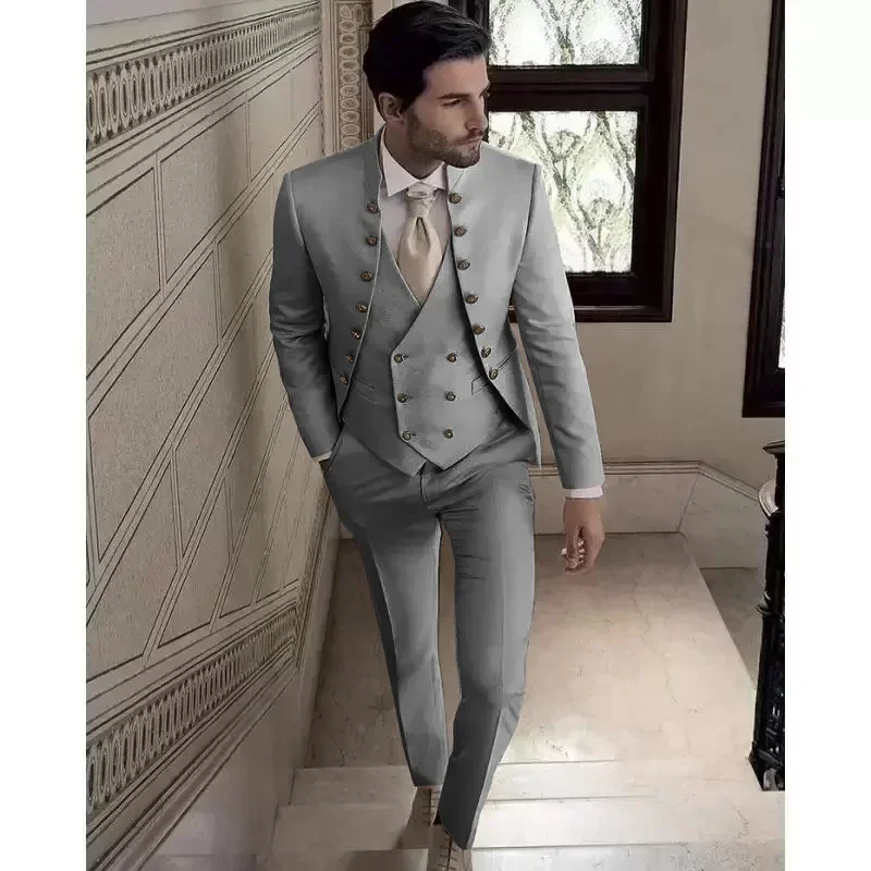 Men's Formal Suits with Collar 3 Pcs Wedding Groom Tuxedo Male Slim Fit Jacket Pants Set 2024 (Blazer + Pants + Vest)