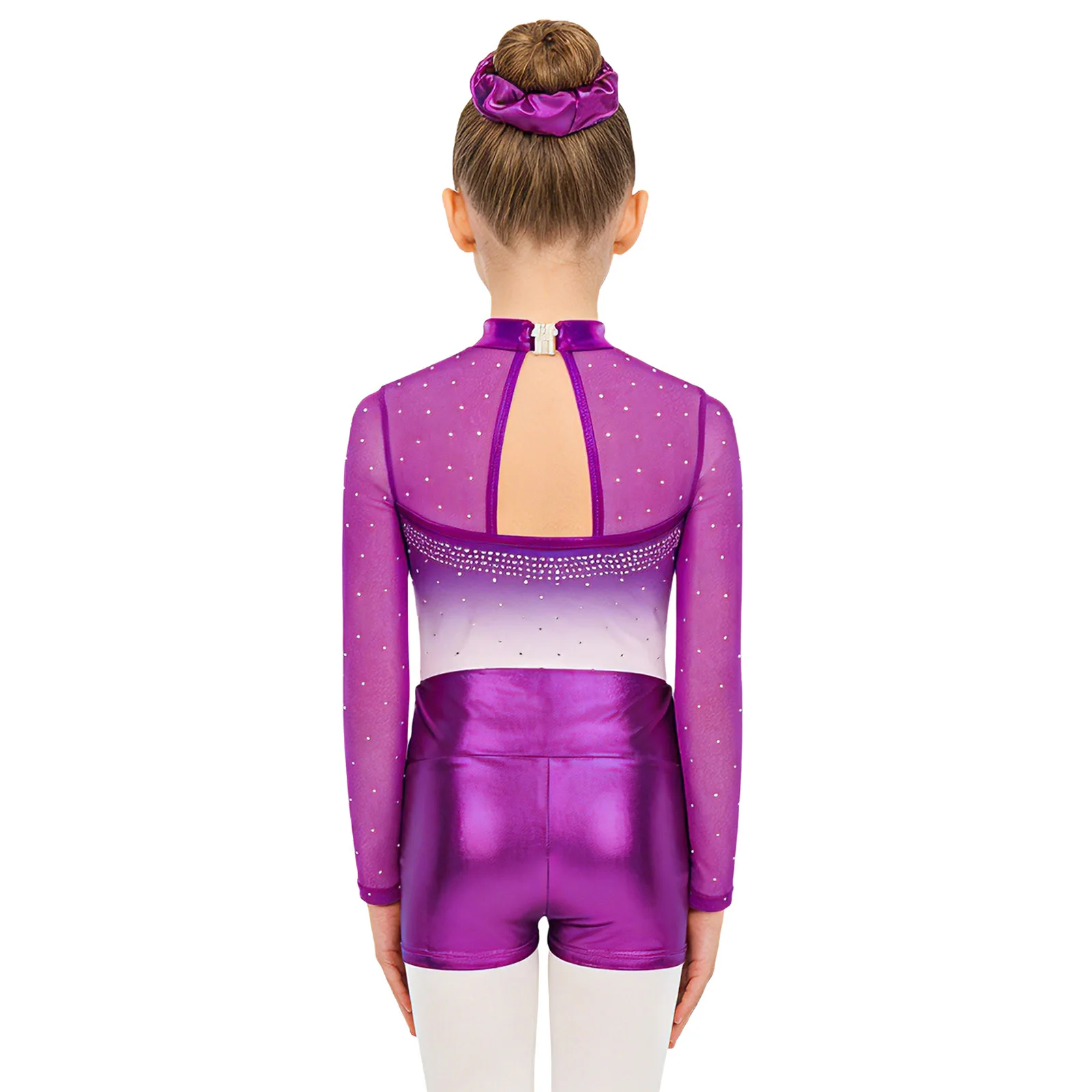 

Kids Girls Gymnastics Leotard Shiny Rhinestones Ballet Dance Figure Skating Costume Mesh Long Sleeve Bodysuit Shorts Hairband