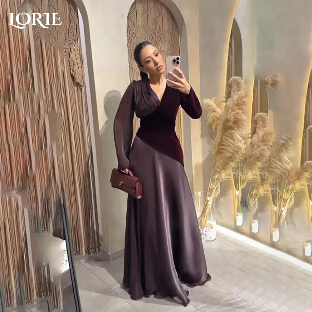 

LORIE Spring Prom Dresses Long Sleeve Saudi Arabia V Neck Floor Length Velvet Evening Dress Pleats Arabia Party Gown Customized