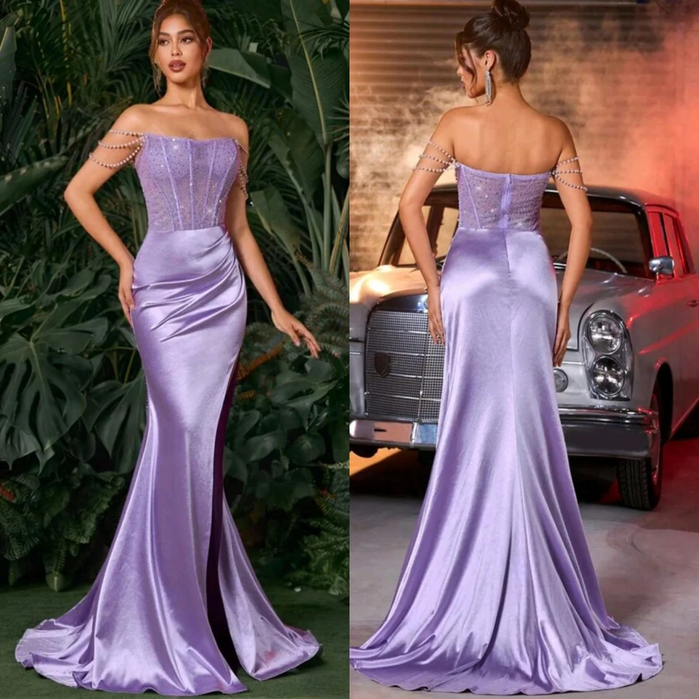 Customized Graceful Satin Strapless Evening Dress Exquisite Mermaid Prom Dresses Temperament Sweep Train Special Occasion Gowns