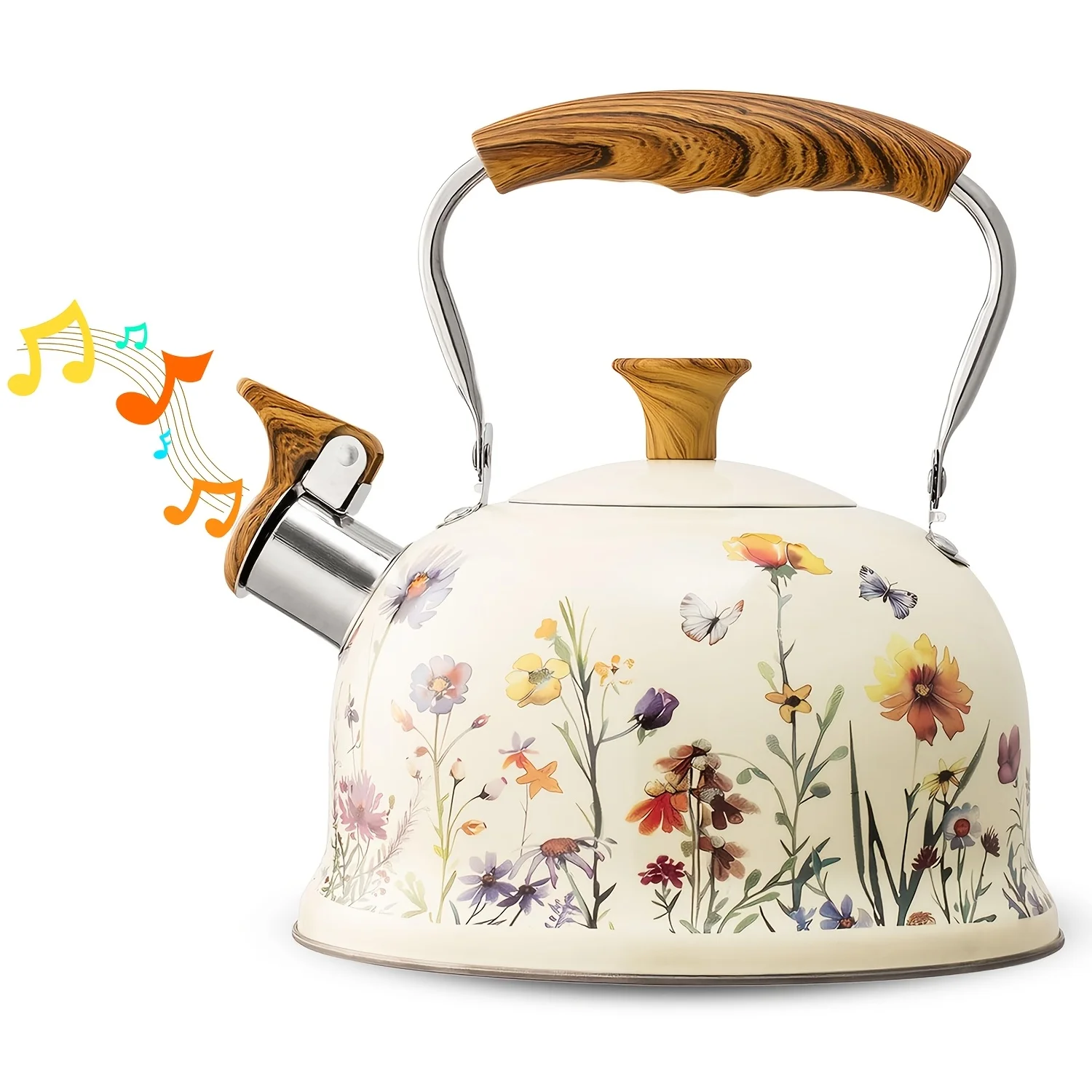 Tetera de acero inoxidable con diseño de flor blanca, adecuada para preparar café y té, compatible con estufas eléctricas y de gas.