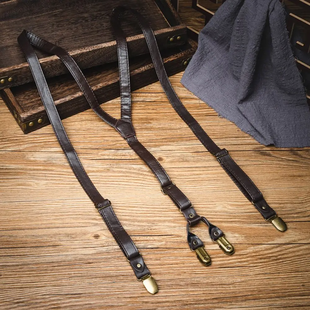 

Simple Black Suspenders for Men Retro Brown Leather Suspenders British Style Anti-slip Suspender Clip Gift