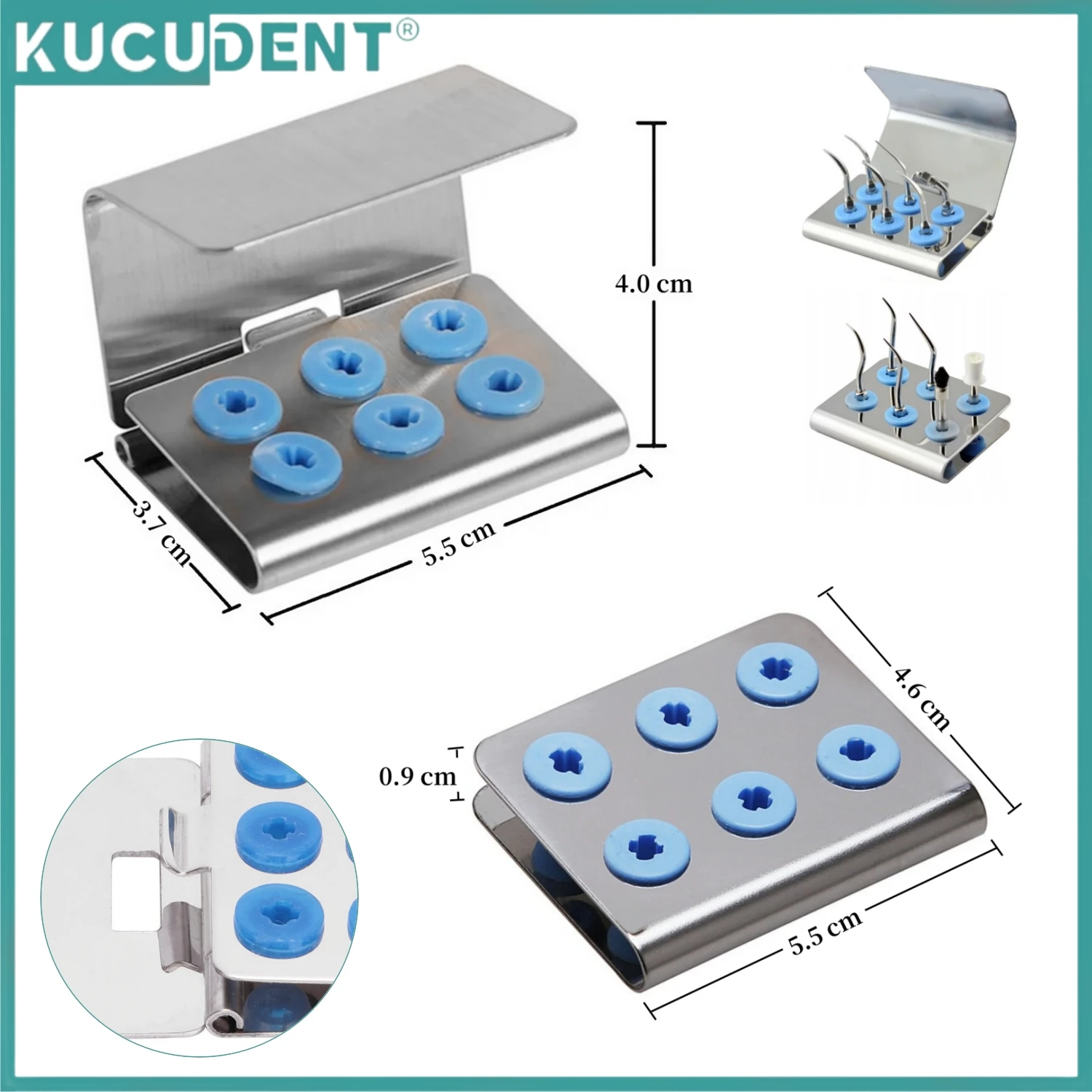 KUCEDENT Suporte para pontas de raspador ultrassônico odontológico de 6 furos, caixa de desinfecção autoclavável para EMS/DTE/Woodpecker/SATELEC/NSK