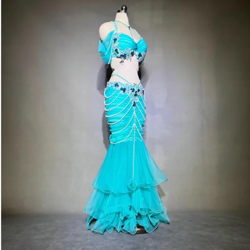 BellyDance Set Dames Aangepaste Luxe Strass Bh + Prachtige Parel Fishtail Rok 2 Stuks Oosterse Dansvoorstelling Kleding