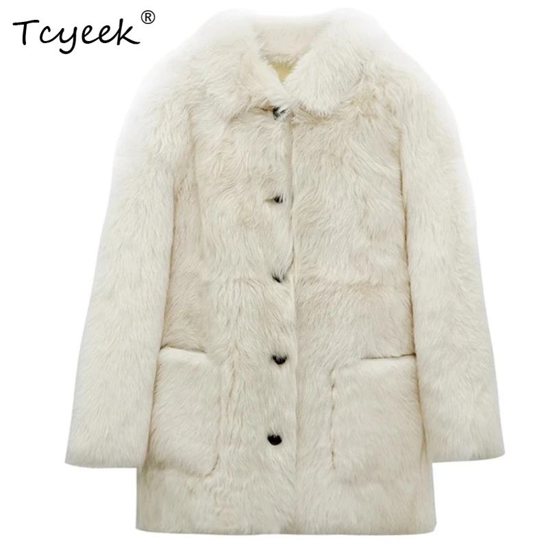 

Tcyeek Genuine Wool Autumn Winter High End Trendy Solid Color Medium-long Women's Wool Shearling Fur Coat Fourrures Femme