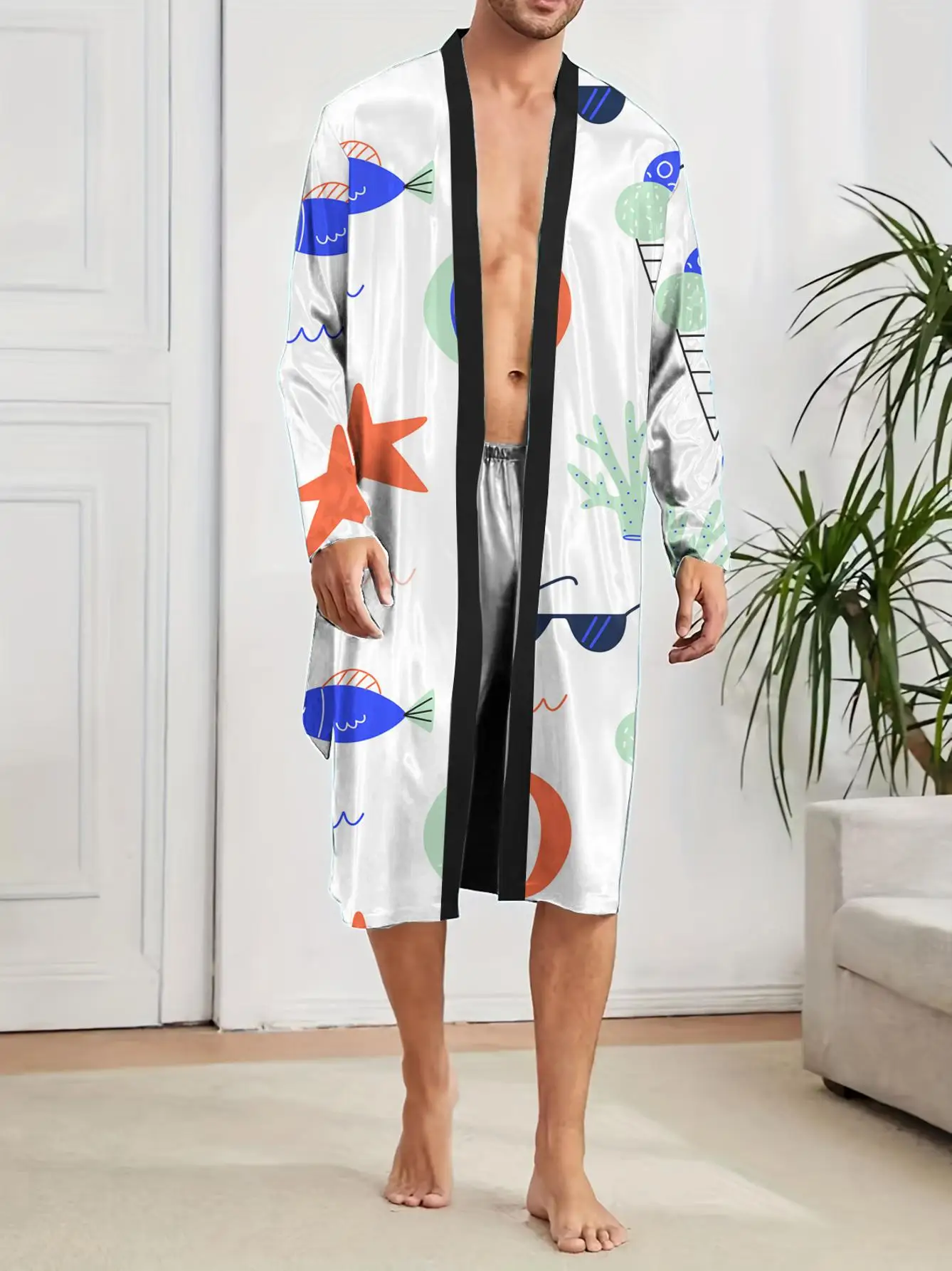 1pcs Men's Robes 2026 Spring/Summer Robe man Long Nightgown Polyester sleepwear Robes 3D Printed Breathable robe