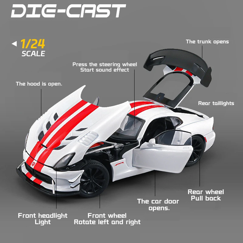 Dodge Viper ACR SRT-modelo de coche deportivo de aleación, vehículos de carreras de Metal fundido a presión, modelo de coche, simulación de sonido y luz, juguete para regalo, 1:24
