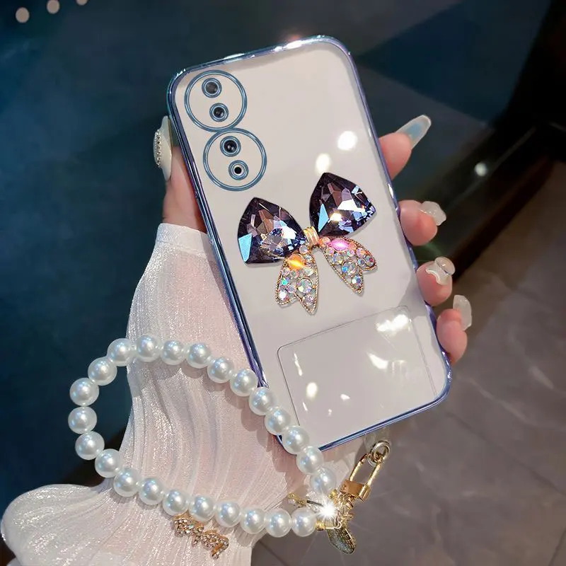 Honor 90 Case With Pearl Bracelet Butterfly Diamond Cover For Huawei Honor 90 Pro Lite Phone Case Luxury Shockproof TPU Coque