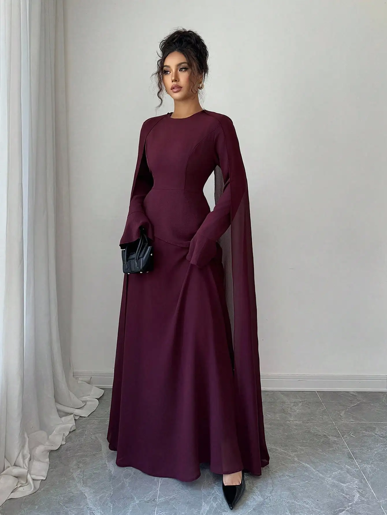 

Elegant Vintage French Chic Dress With Bell Sleeves And Shoulder Drapes For Women