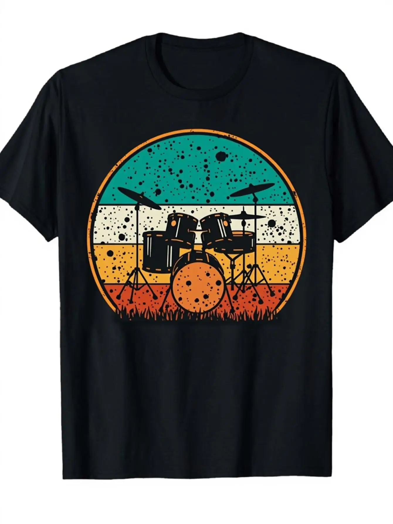 Vintage Men's Black Graphic T-Shirt Drum Set Sunset Circle Distressed Speckled Retro Music Festival Stage Silhouette Print 100% Cotton Heavyweight Short Sleeve Casual Streetwear Tee