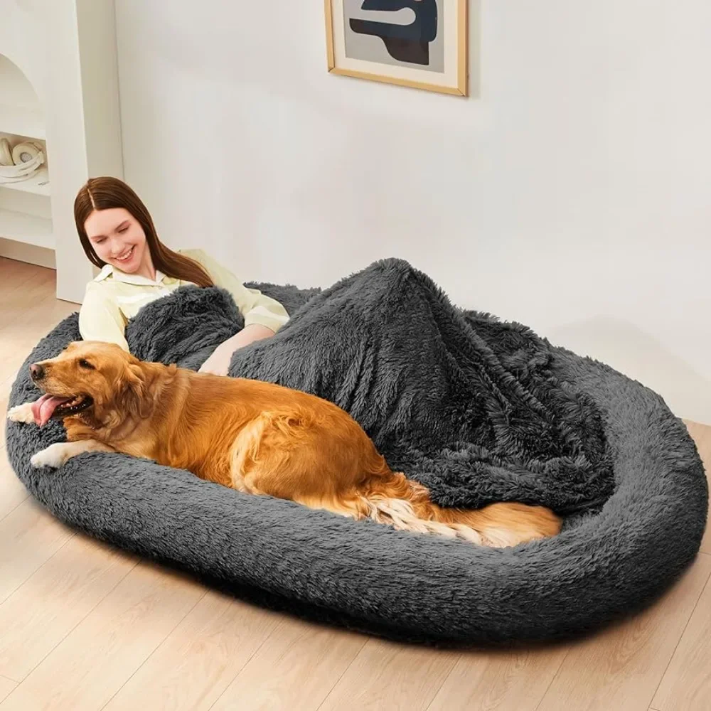 

72"x48"x11" Human Dog Bed With Soft Blanket Giant Dog Bed With Washable Fluffy Faux Fur Cover For Dogs Kittens Goods Puppy Pet