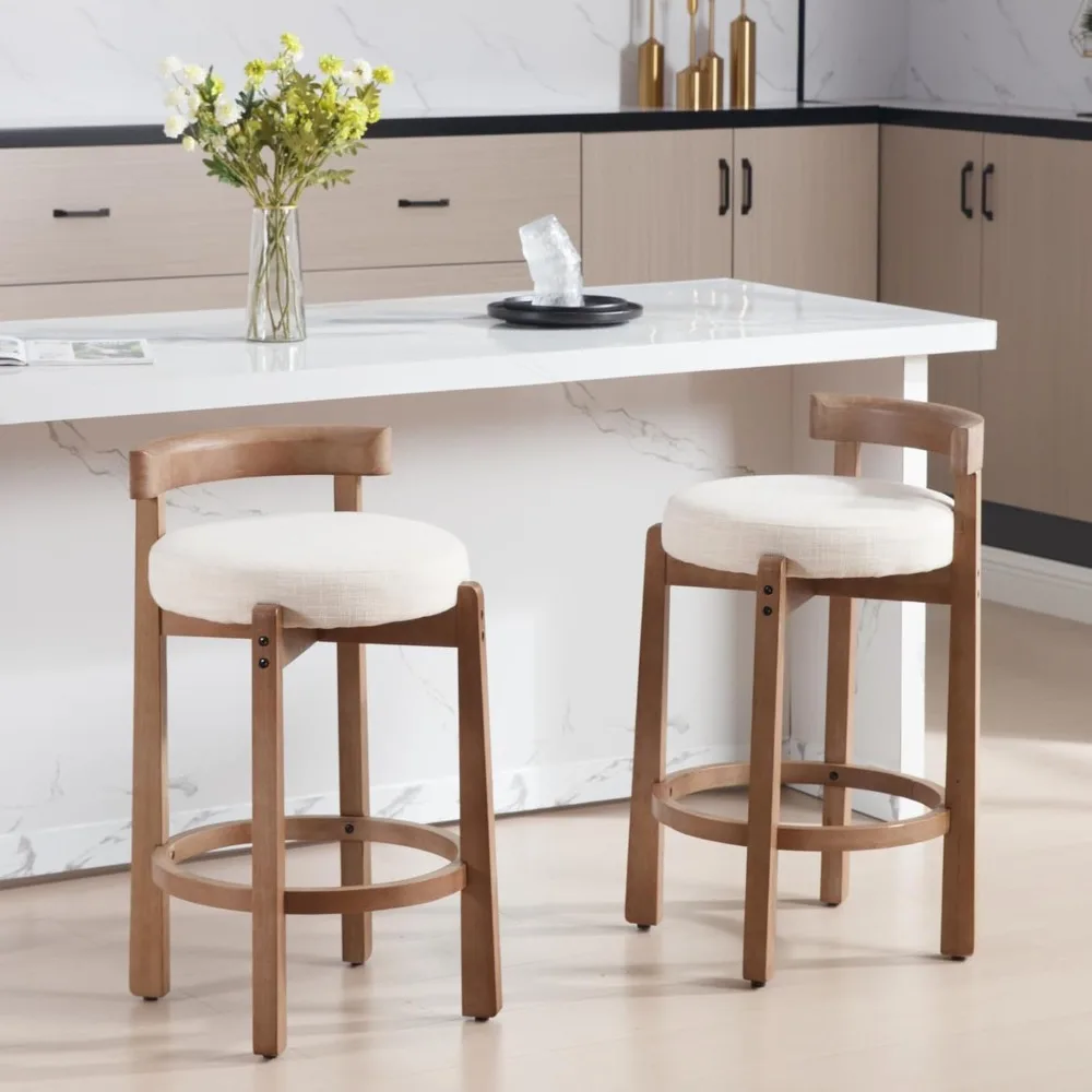 Mid-Century Bar Stools Set of 2, 26.5 Inch Linen Counter Height Upholstered Barstools Bar Chairs with Solid Wooden Legs for Kitc