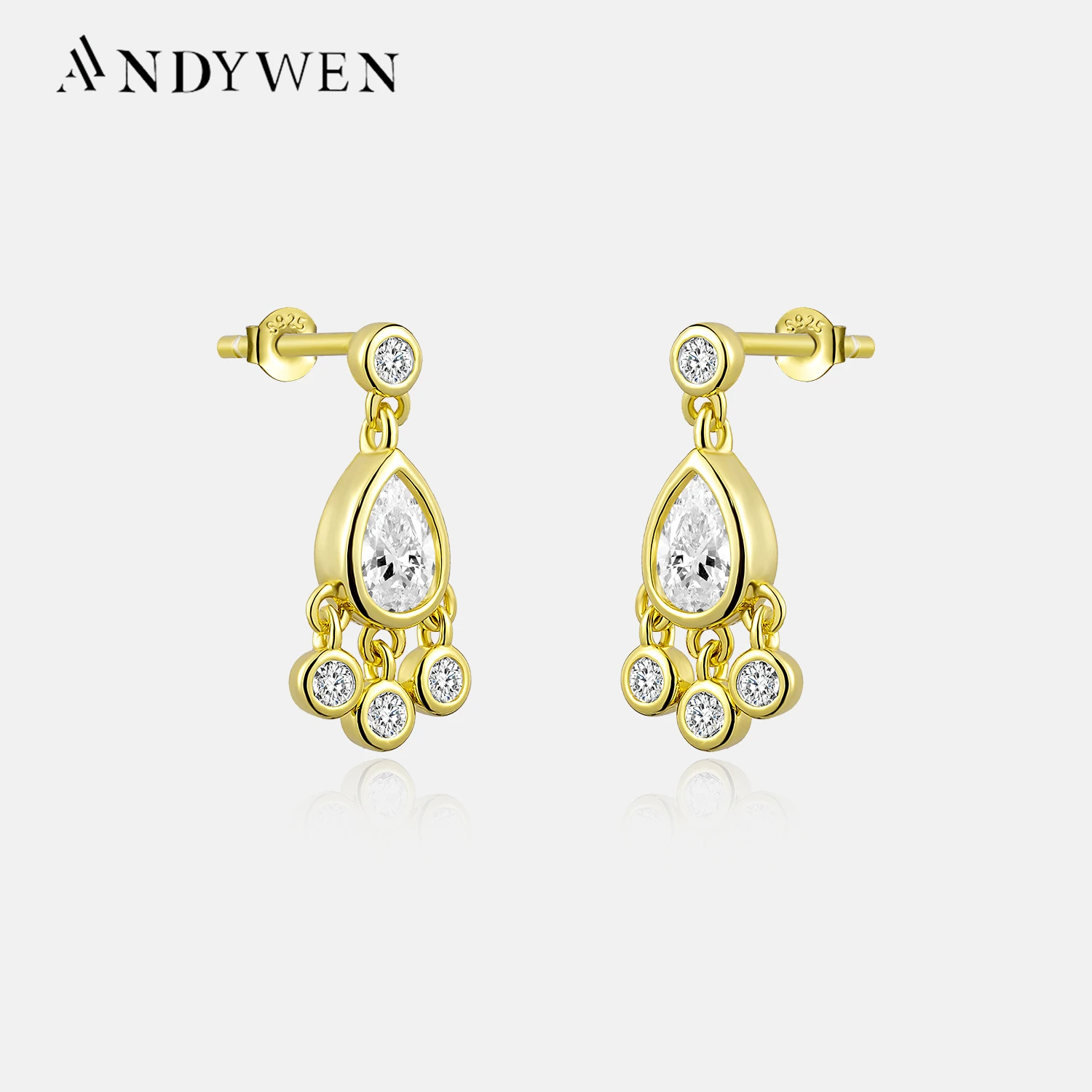 

ANDYWEN 925 Sterling Silver Gold Loulou Stud Earring Clips Piercing Pendiente Drops Big Ovals Pear Luxury Crystal Fine Jewelry