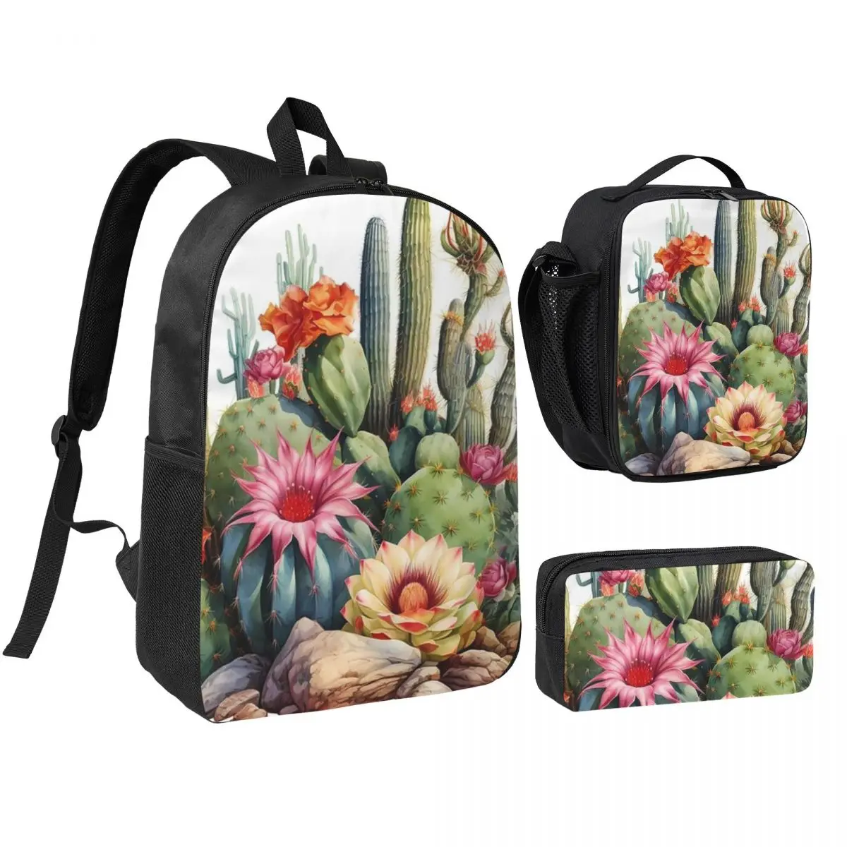 Succulent Plant Potted Watercolor Painting Backpack Student BookBag School Bag Shoulder Bags 3ps Insulated Lunch Bag Pencil Case