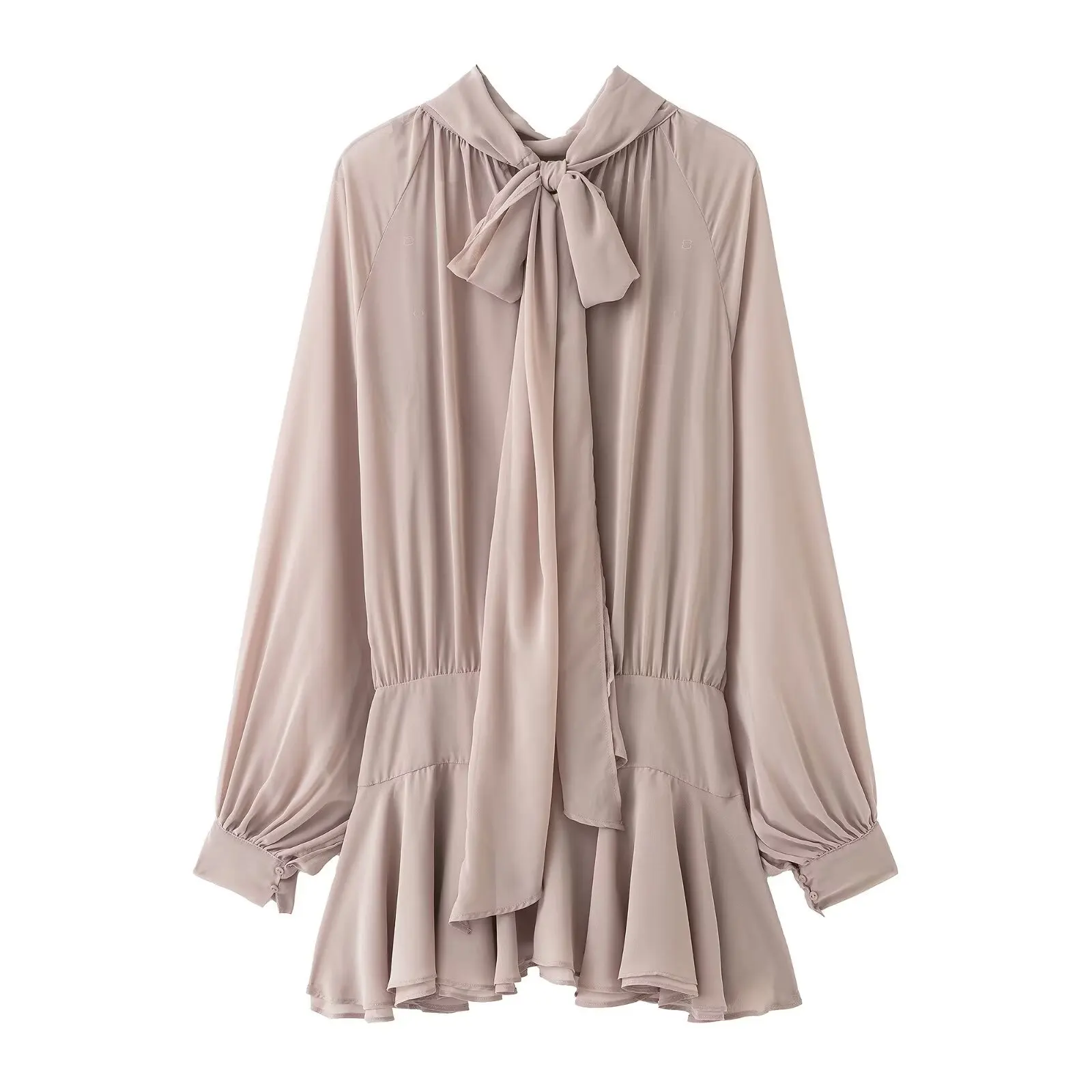 Elegancka damska sukienka mini z długim rękawem, z wysokim dekoltem, plisowana, codzienna, w jednolitym kolorze, letnia moda damska, sukienka długa z ozdobną kokardą.