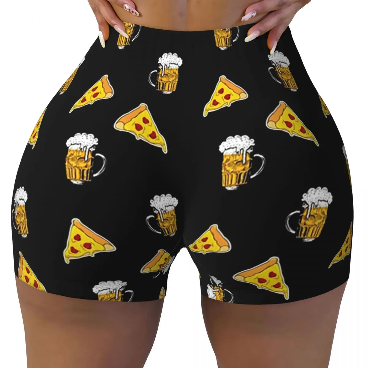 Benutzerdefinierte Pizza, Essen, Getränk, Bier Muster Yoga Shorts Frauen Gym Workout Laufen Sportlich Volleyball Biker Shorts