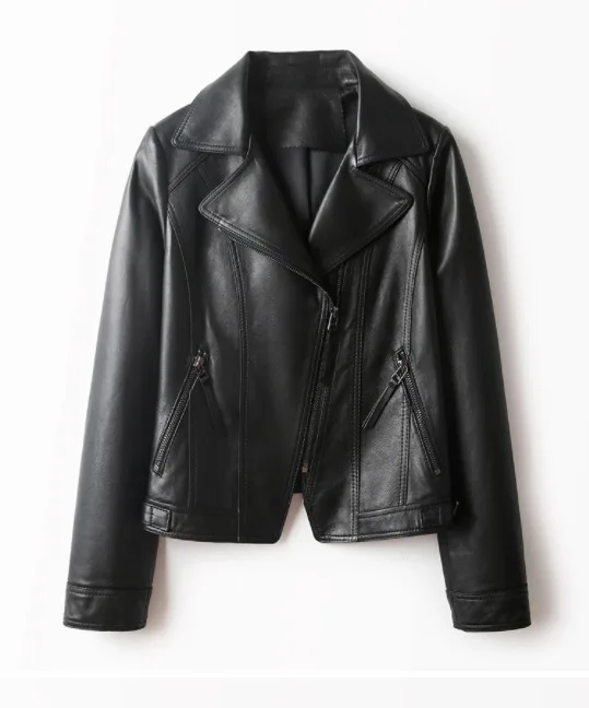 

Sheepskin Black Leather Jacket for Women's Motorcycle Style Leather Jacket