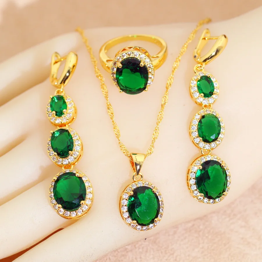 Bridal Jewelry Sets for Women Green Crystal 18K Gold Plated Earrings Necklace Pendant Ring Wedding Gift