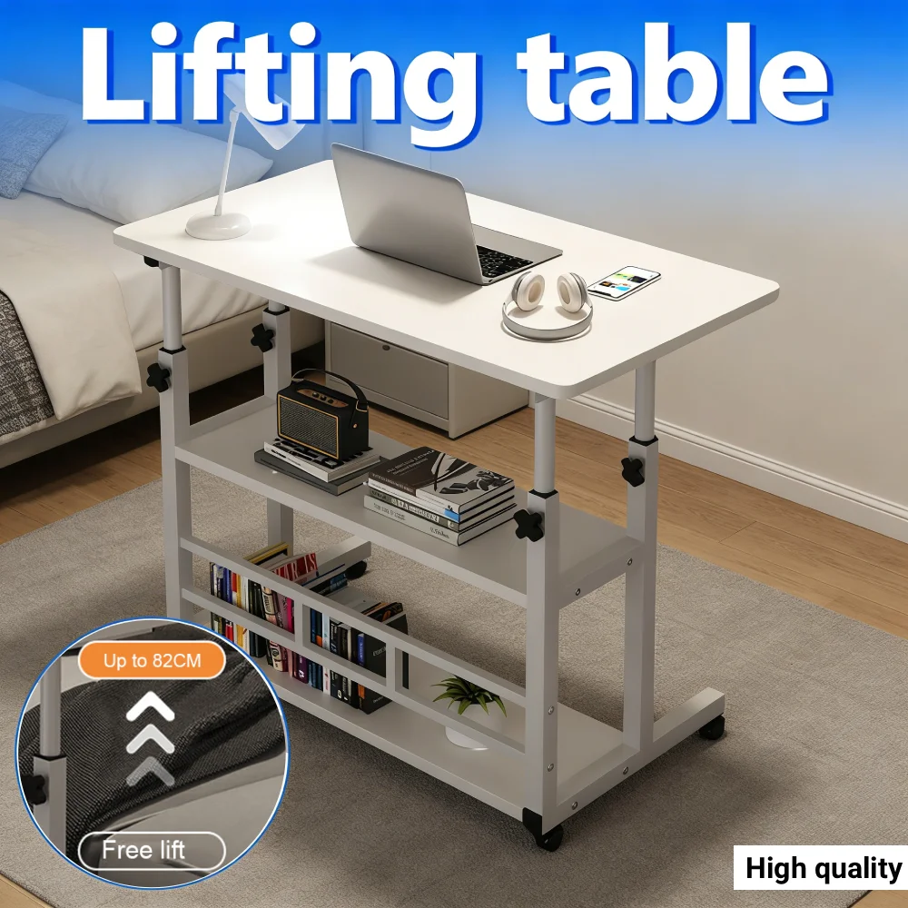 

Height Adjustable Bedside Table Stand-Up Workstation Bedside Laptop Desk with Rolling Wheels Multi-Layer Storage for Dormitory