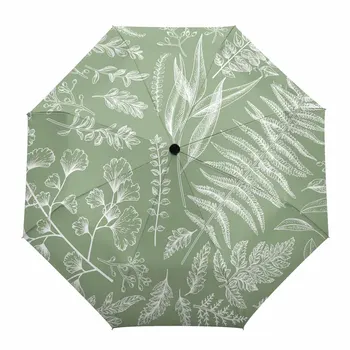 Sage green fern leaves automatic umbrella portable folding sunny and rainy umbrella women beach umbrella