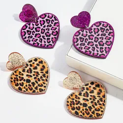 Vintage Acrylic Leopard Heart Dangle Earrings for Women Girls Shiny Geometric Love Leopard Dots Earrings Jewelry Party Gifts