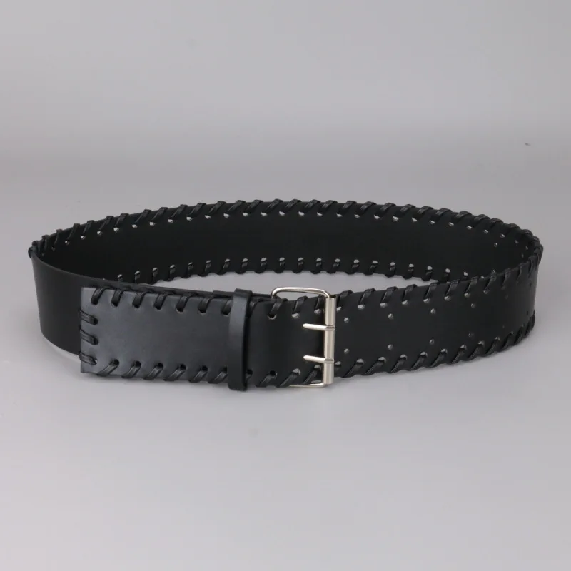 

Woven women's double Pin buckle black adjustable belts For Lady fashion artistic retro For dress Coat Waist Decorate accessories