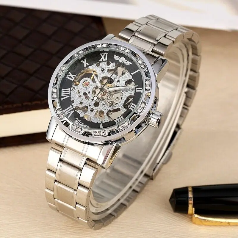 

Роскошные брендовые новые стильные механические часы со скелетом и прозрачными бриллиантами, мужские роскошные часы с ручным ветром и ремешком из нержавеющей стали