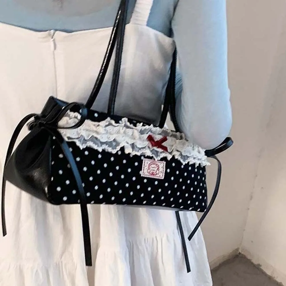 

All-match Sweet French Stick Handbag Bow Large Capacity Polka Dot Underarm Bags Lace Korean Style PU Shoulder Bag Girls