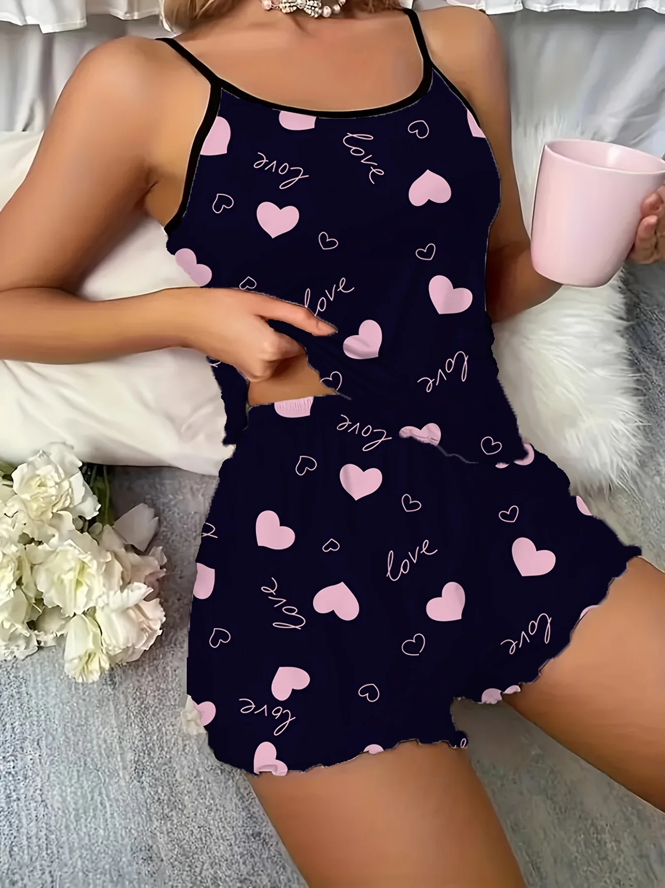 

Bow Heart Print Backless Crop Top and Shorts, Comfortable Loose Fit Pajamas Set Women's Home Wear Summer Sleepwear
