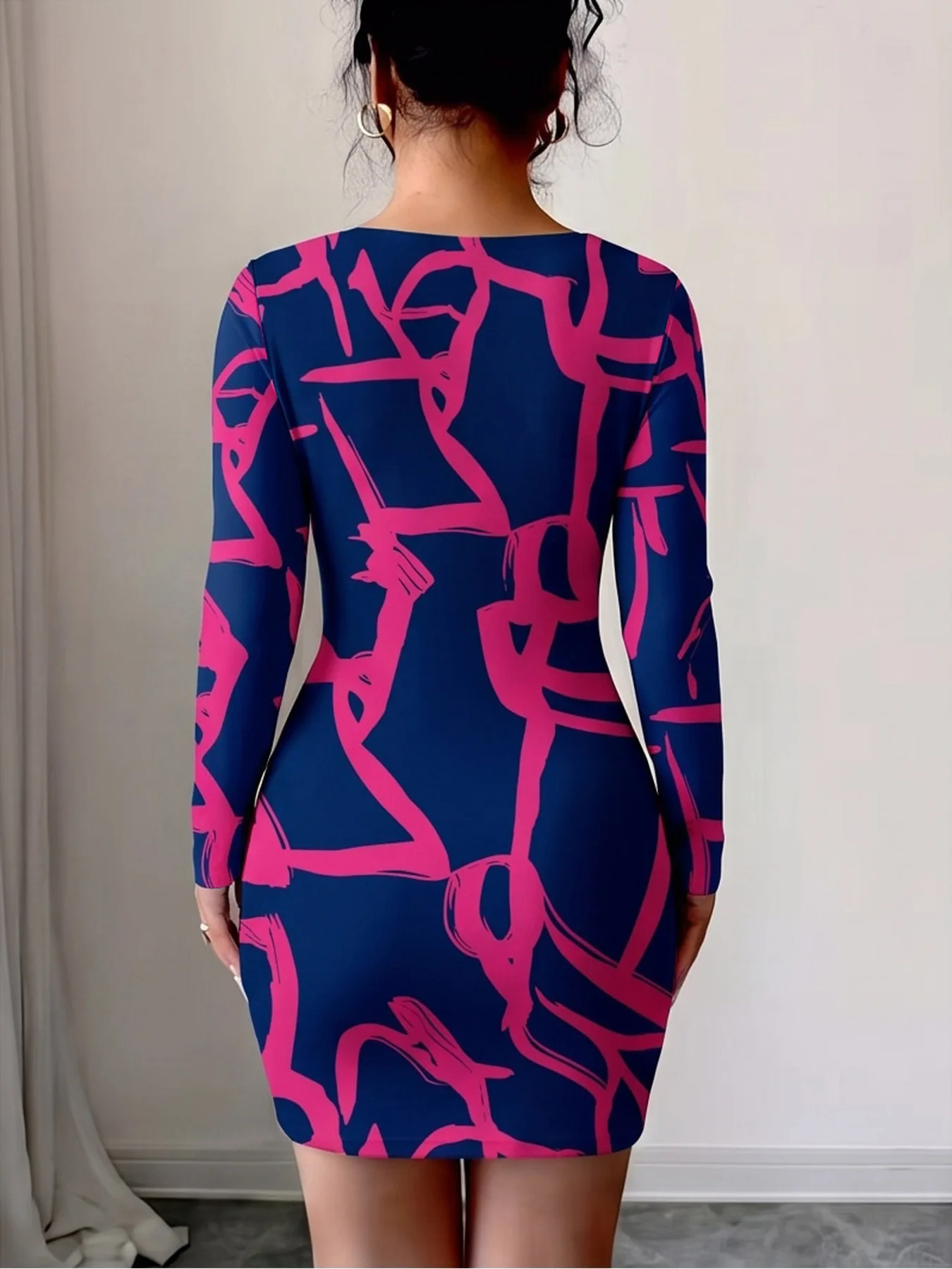 Women's Geometric Pattern Long Sleeve Dress Autumn Casual Elegant Comfortable Mini Skirt Length Slanted Collar