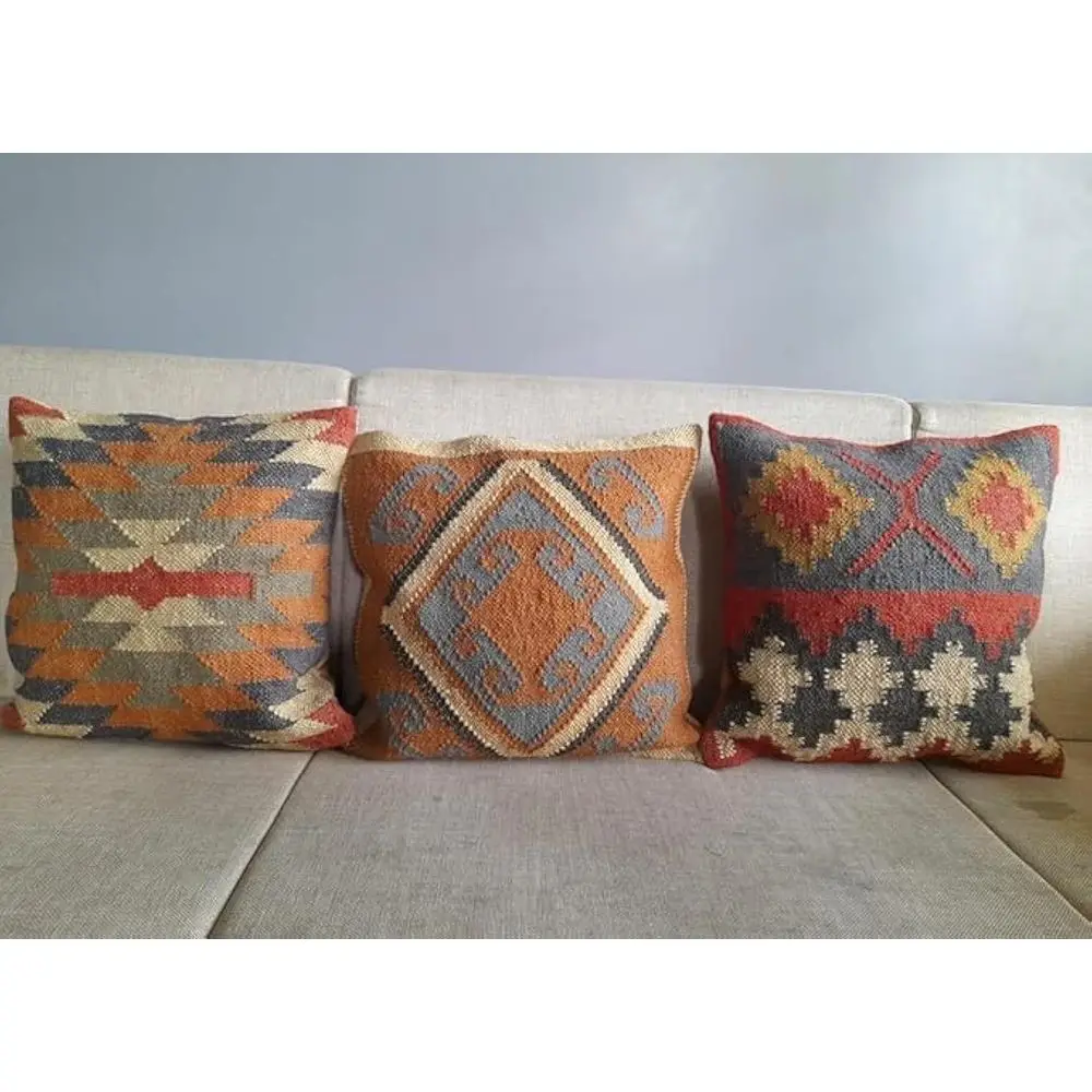 

Handwoven Indian Jute Pillow Cover, 18x18 Multicolor Bohemian Decor, Set of 3 Oriental Cushion Covers